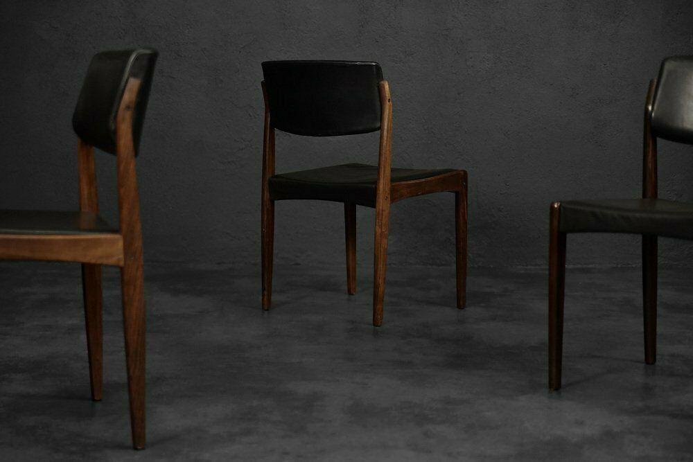 Mid Century Scandinavian Modern Rosewood & Black Leather Chairs By H.W. Klein For Bramin, 1960s, Set Of 3 photo vinterior