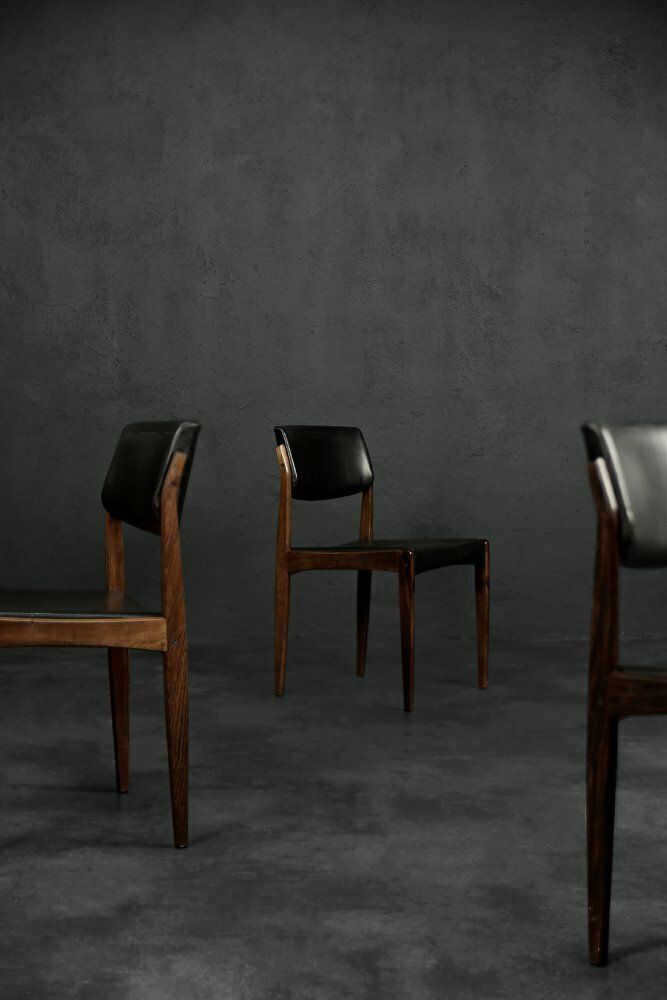 Furniture Mid Century Scandinavian Modern Rosewood & Black Leather Chairs By H.W. Klein For Bramin, 1960s, Set Of 3 photo