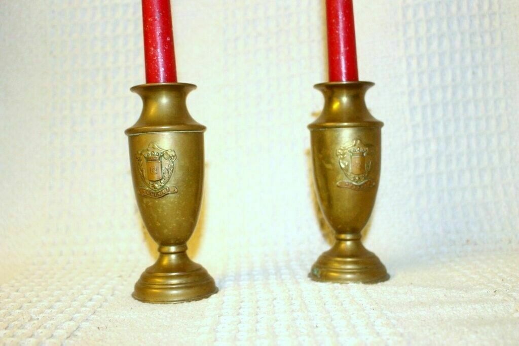 French Vtg Pair Of Brass Petite Vase Urn Royal Malines Candleholder + Candles photo for sale