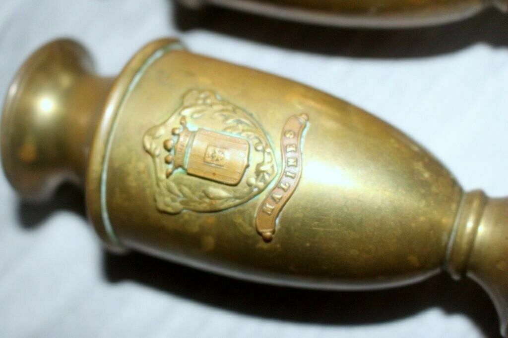 French Vtg Pair Of Brass Petite Vase Urn Royal Malines Candleholder + Candles photo Home Decor