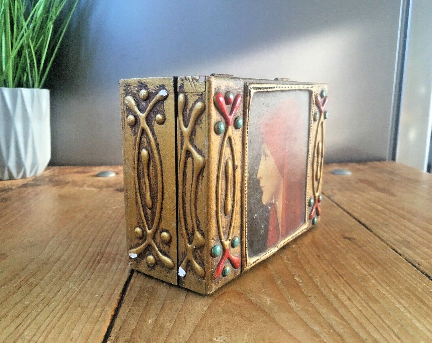 Florentine Giltwood St Fabiola Italian Brutalist Wooden Jewellery Box Henner photo for sale