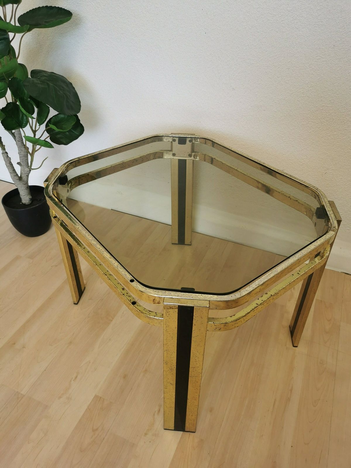Vintage Brass And Smoked Glass Coffee Table / Mid Century Elegant Gold And Black End Side Table / 1970s Italy photo 191.0
