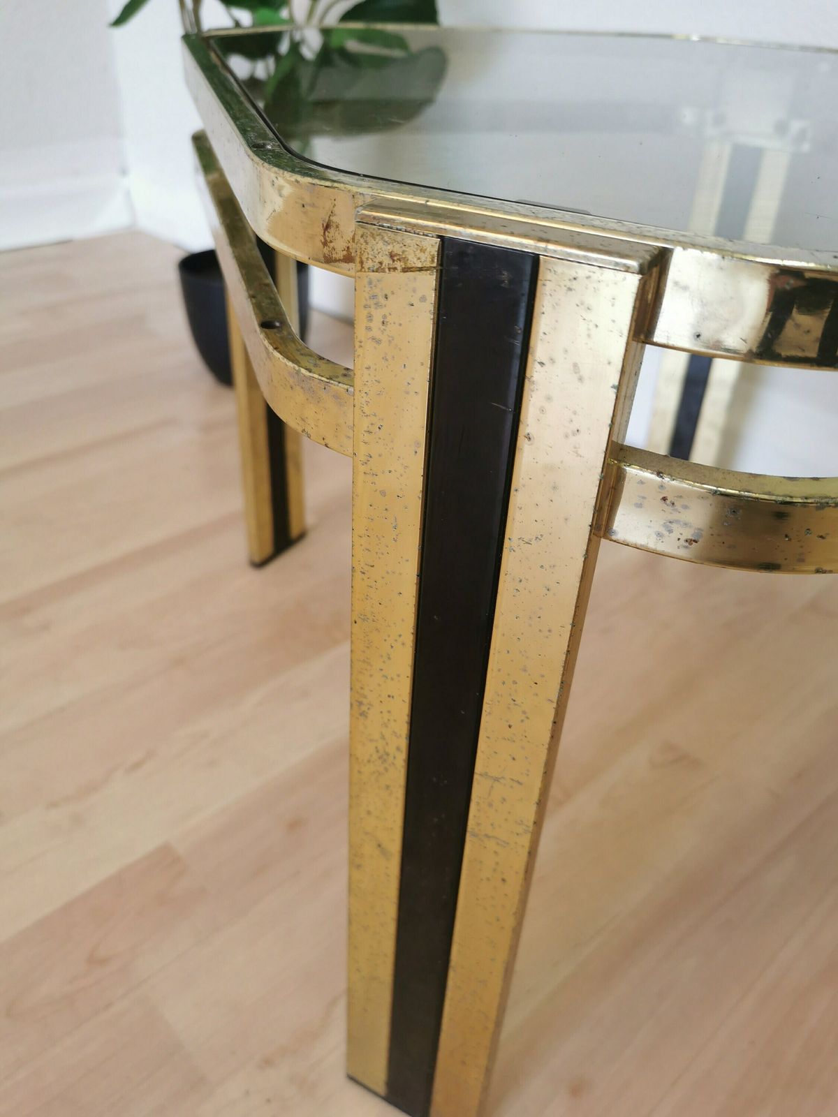 Vintage Brass And Smoked Glass Coffee Table / Mid Century Elegant Gold And Black End Side Table / 1970s Italy photo vintage