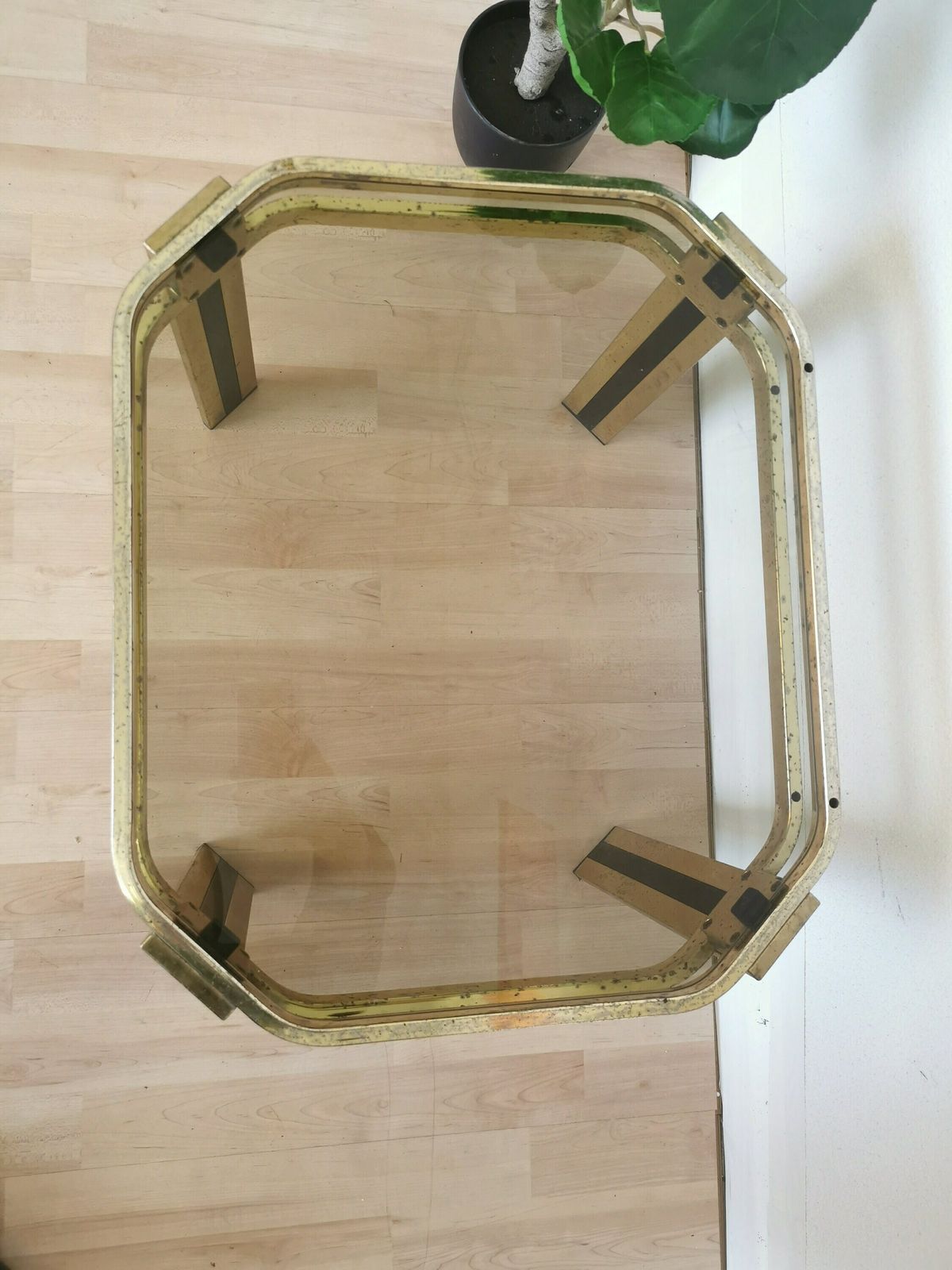 photo furniture Vintage Brass And Smoked Glass Coffee Table / Mid Century Elegant Gold And Black End Side Table / 1970s Italy