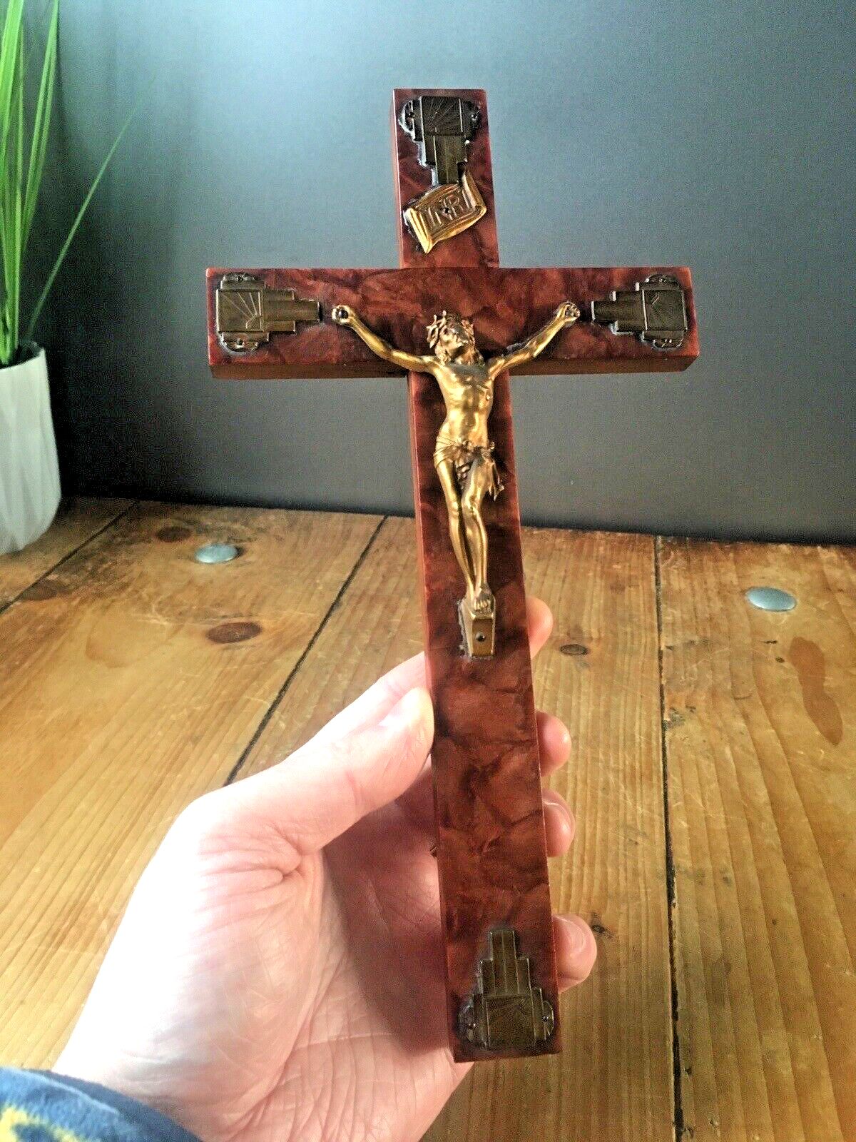 Antique Art Deco French Bakelite Gilded Wall Hanging Crucifix Church Cross Jesus