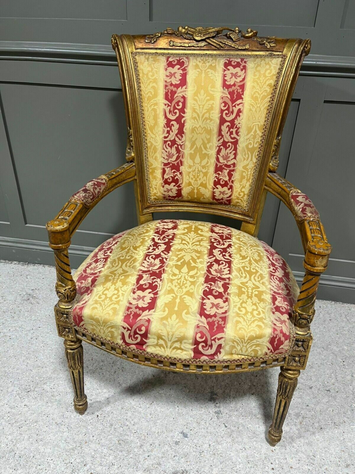 French Salon Chair Antique Style Armchair Carved Gilt Wood Frame photo furniture