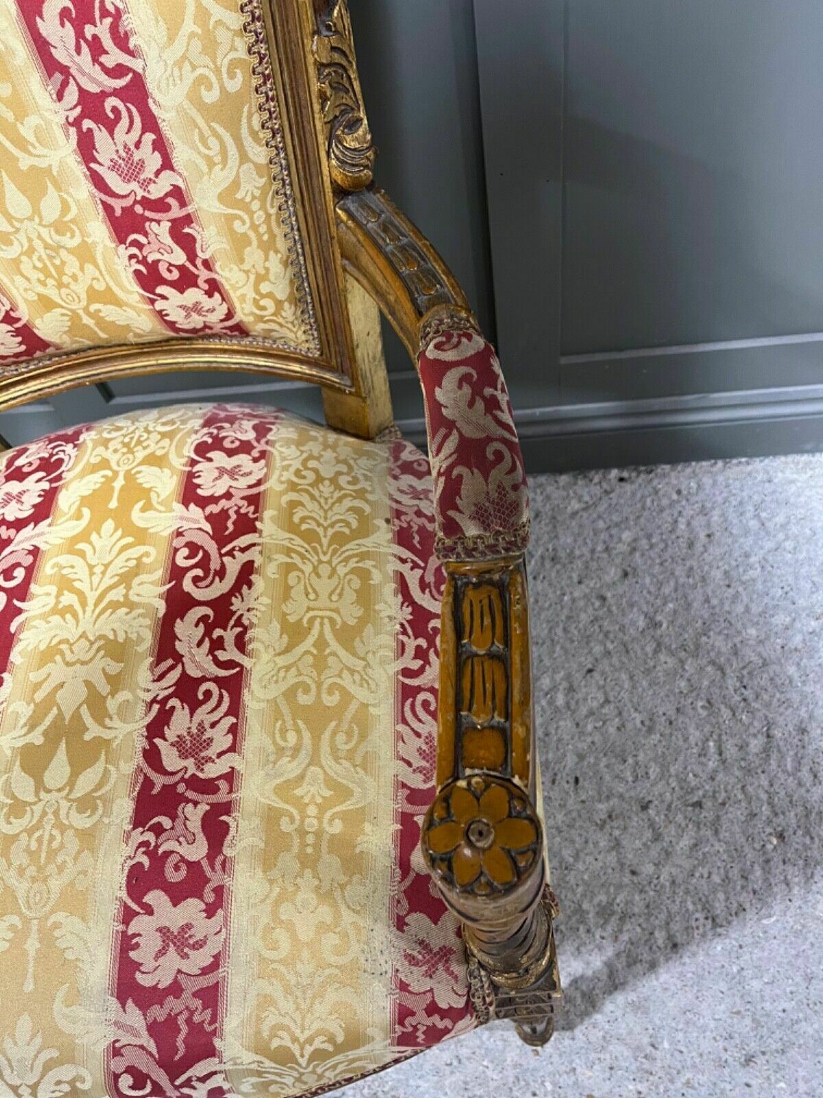 French Salon Chair Antique Style Armchair Carved Gilt Wood Frame photo vintage
