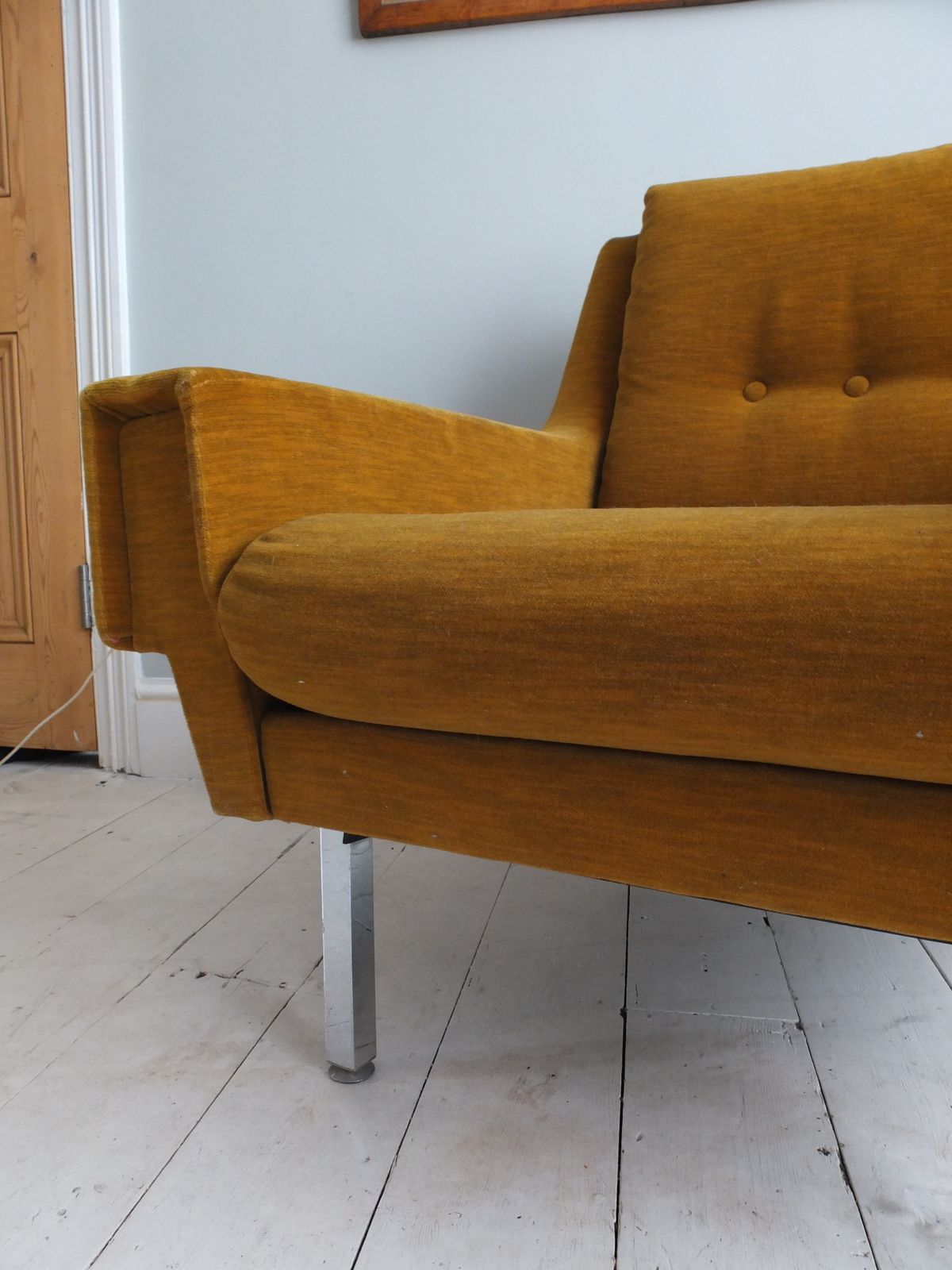 A Pair Of 1970s Armchairs In Original Mustard Fabric With Chrome Legs photo vintage