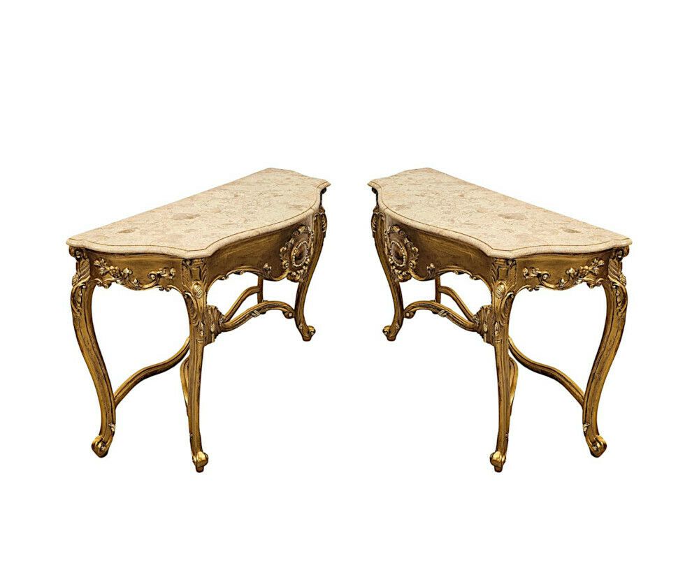 A Very Fine Pair Of Early 20th Century Marble Top Giltwood Console Tables photo Furniture