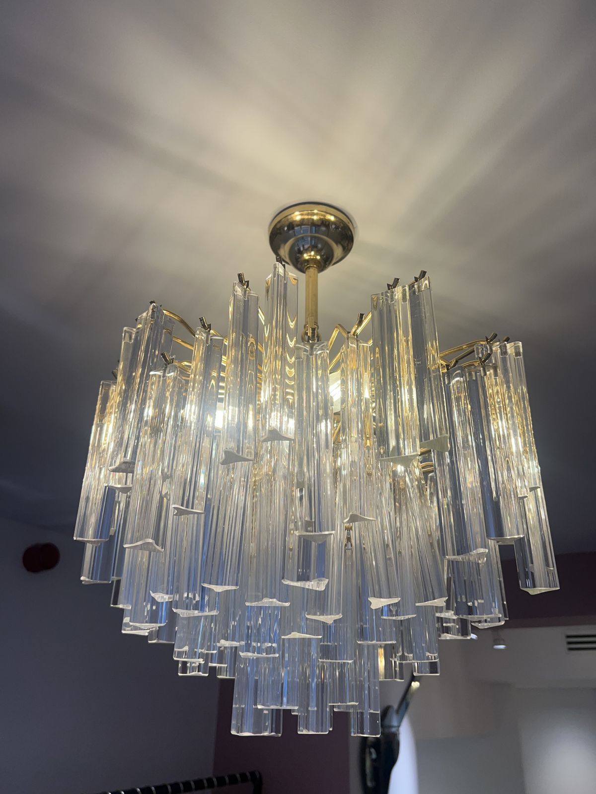 Vintage Pair Of Italian Murano Triedre Prism Crystal Gold Plated Chandeliers photo furniture