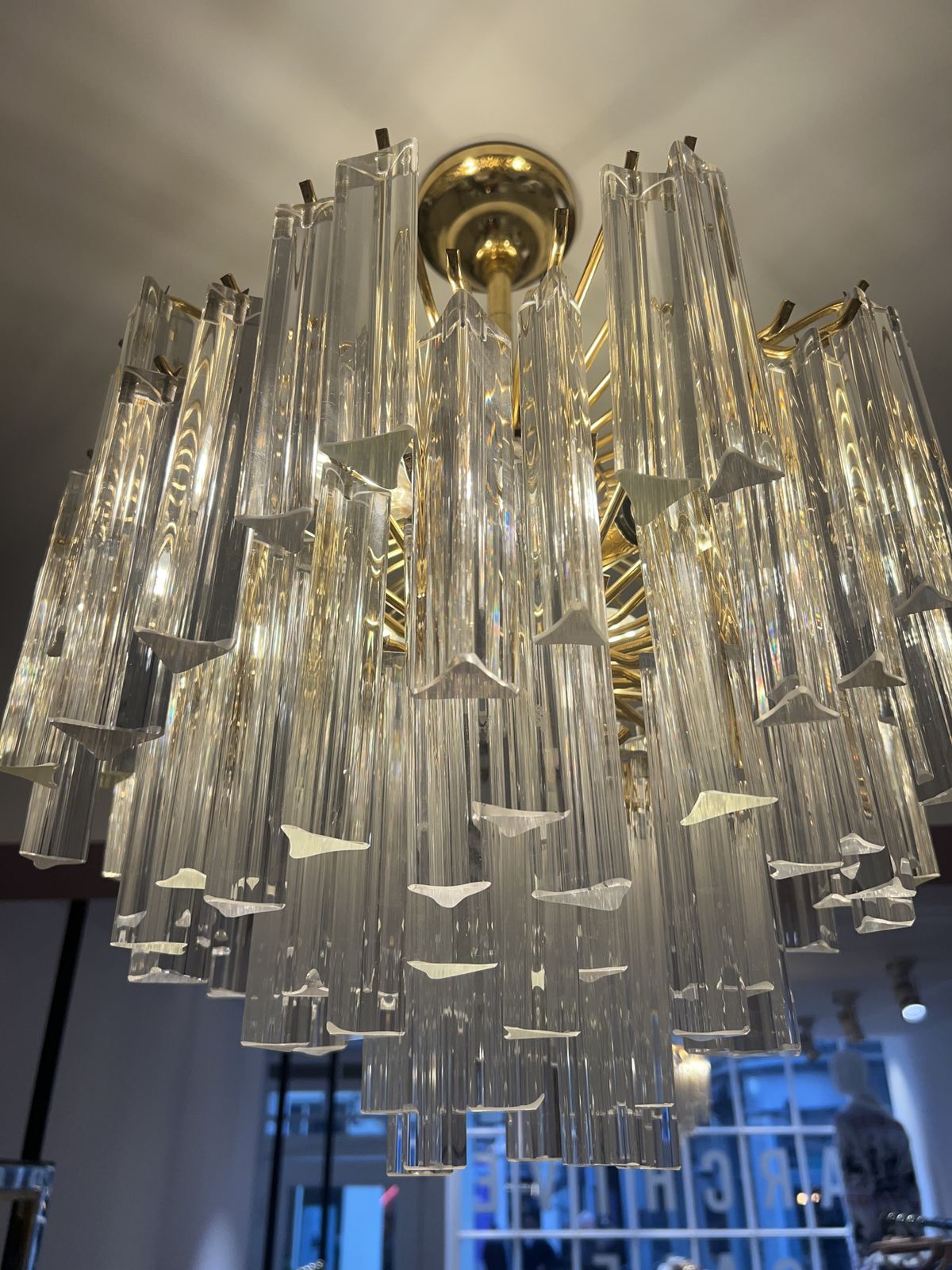 Vintage Pair Of Italian Murano Triedre Prism Crystal Gold Plated Chandeliers photo for sale
