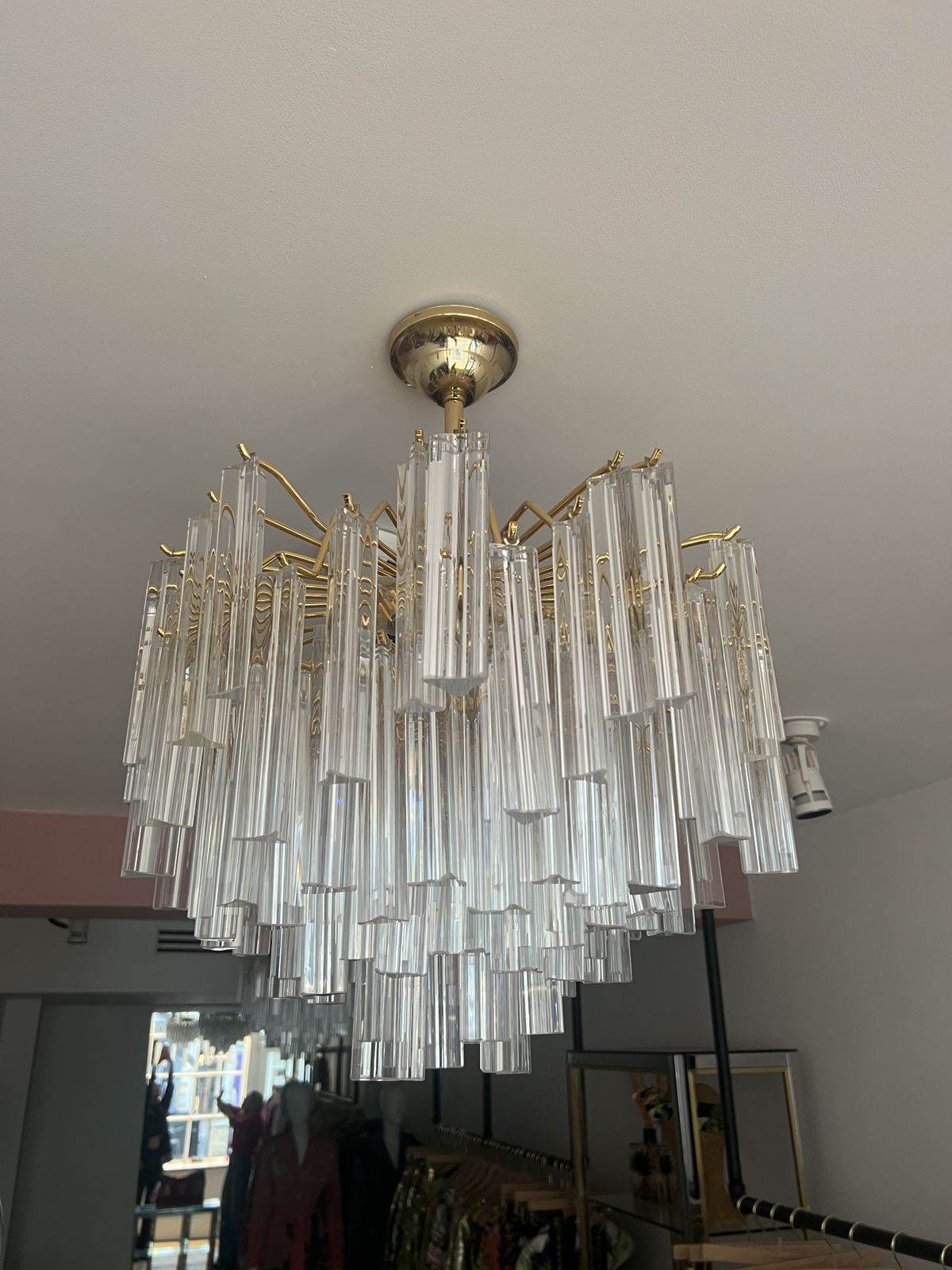 Vintage Pair Of Italian Murano Triedre Prism Crystal Gold Plated Chandeliers photo vintage