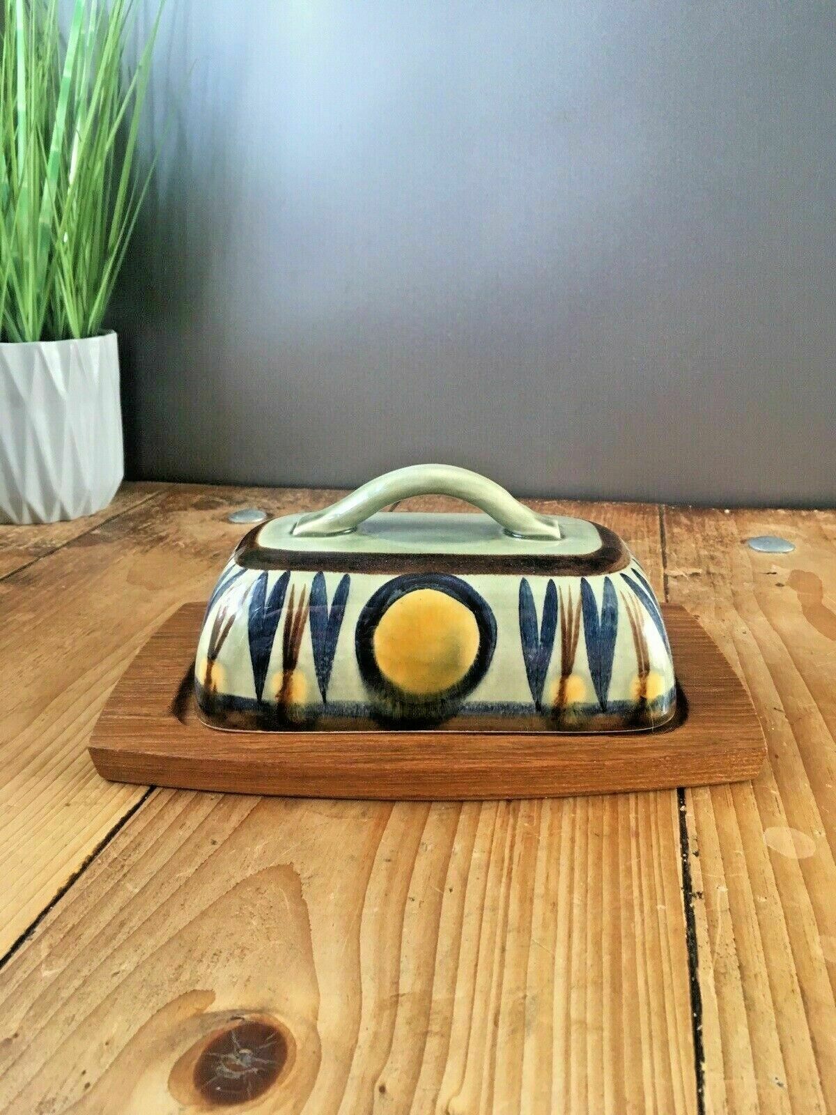 Mid Century 60s Scandinavian Studio Faience Pottery Cheese Butter Dish Lid Cover photo for sale