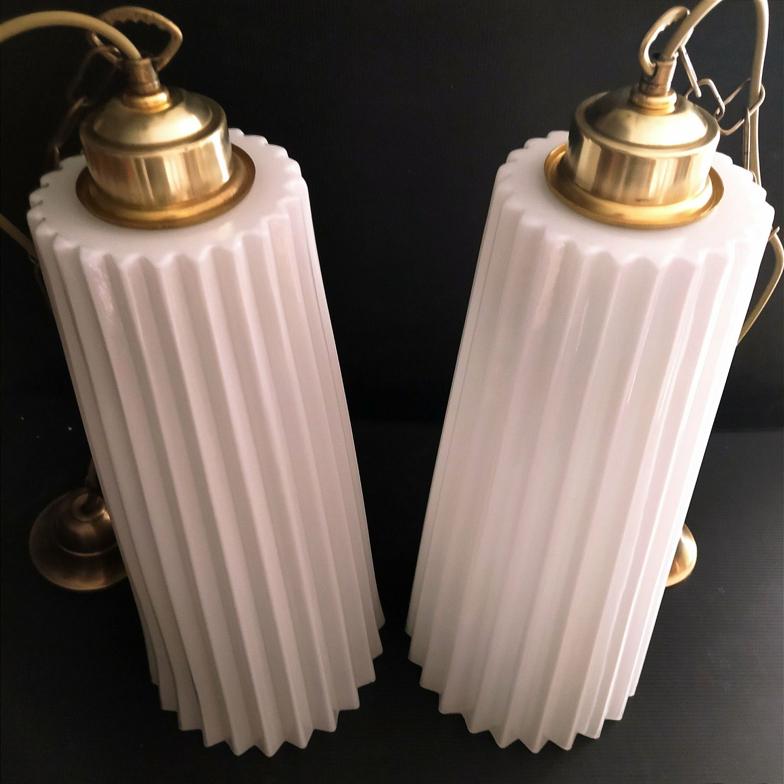 Pair Of 1960's Opaline Pleated Blown Glass Pendant Lights. photo vinterior