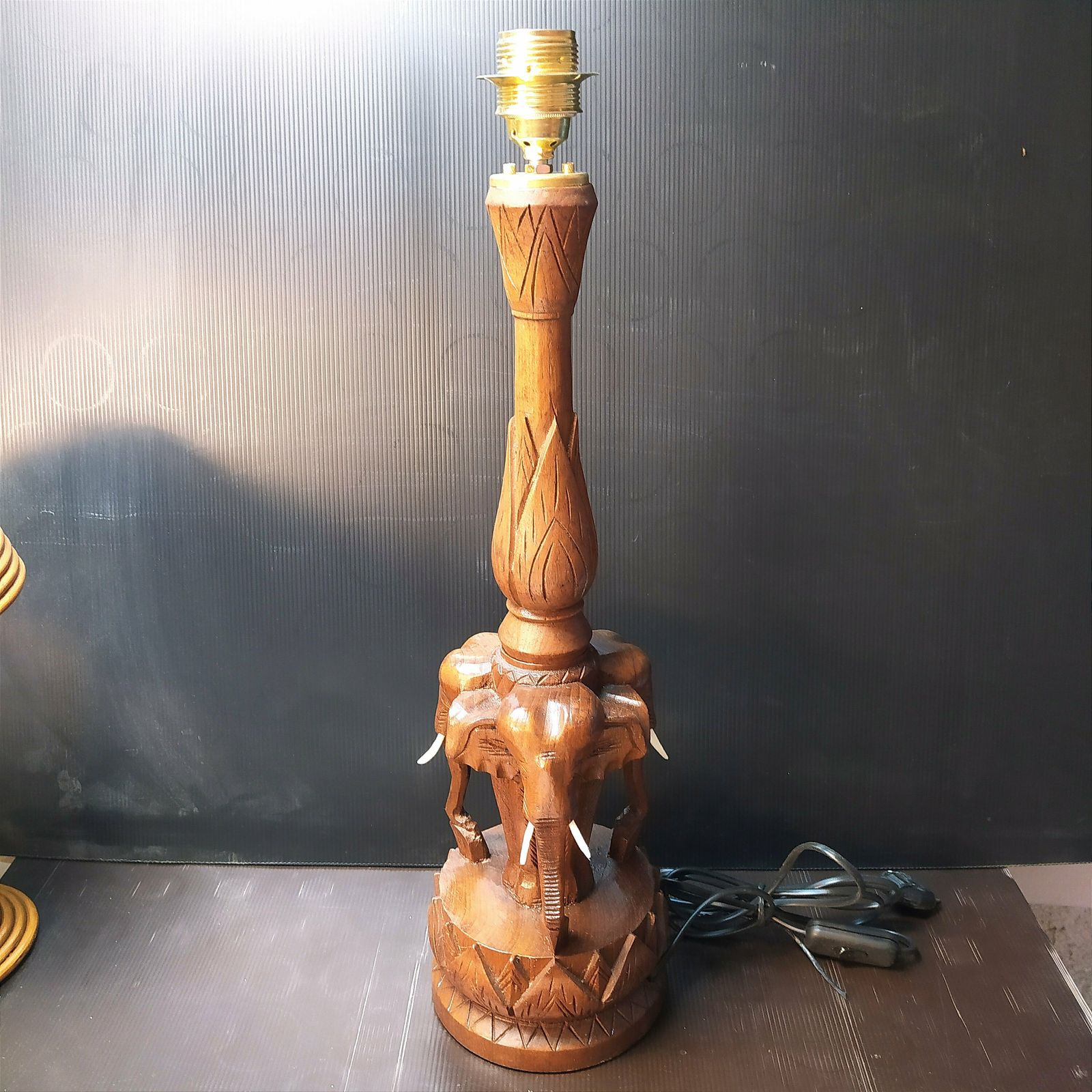 Vintage Carved Wooden Elephant Table Lamp photo furniture