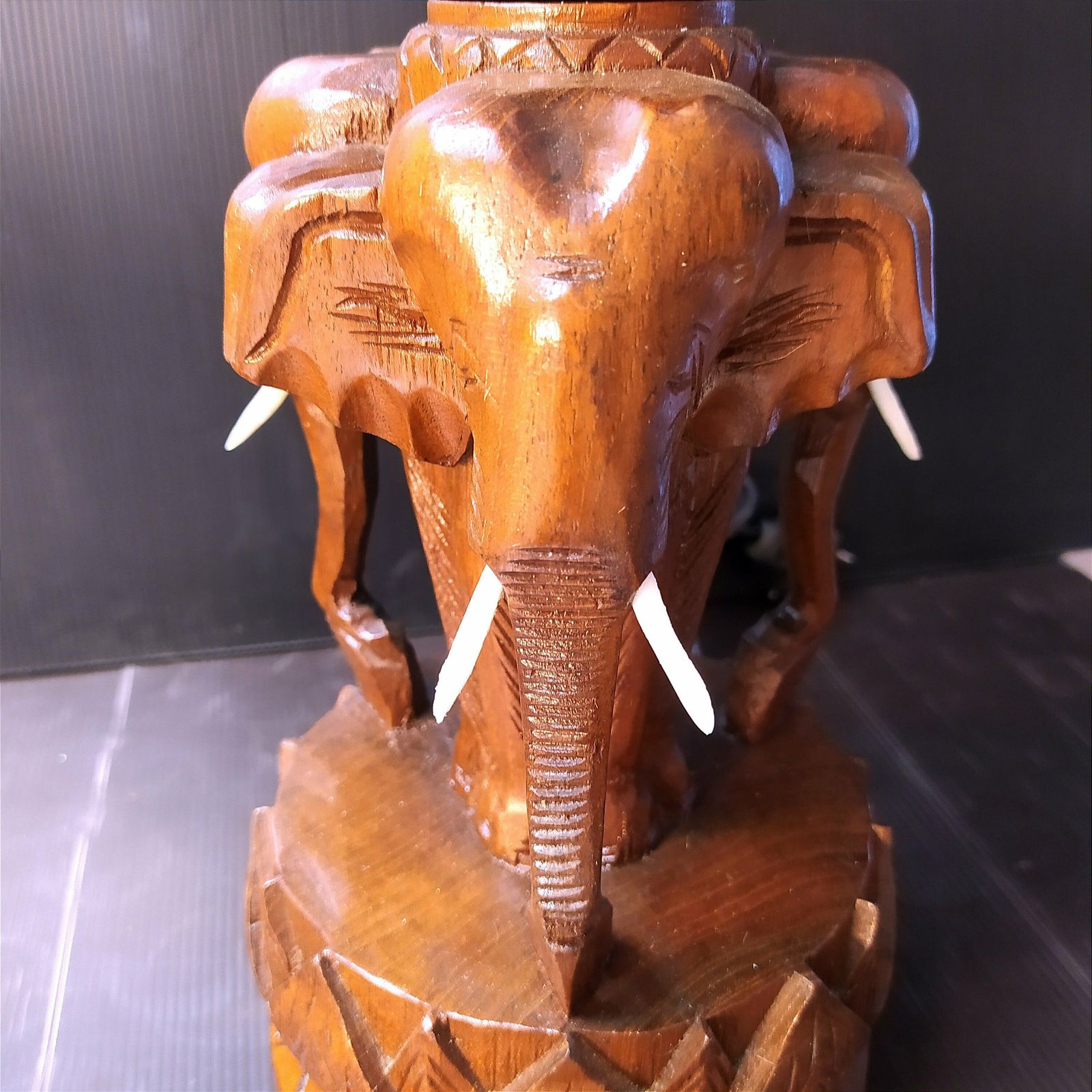 Vintage Carved Wooden Elephant Table Lamp photo vinterior