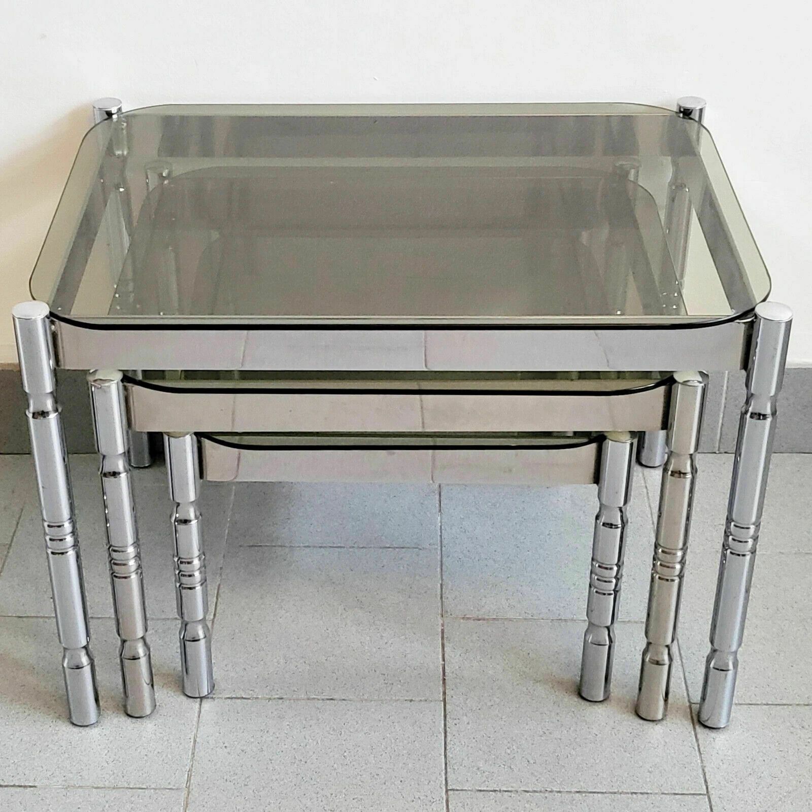Set Of 3 Vintage Nest Of Tables 1970 Chrome Steel & Smoked Glass 70s Retro photo furniture