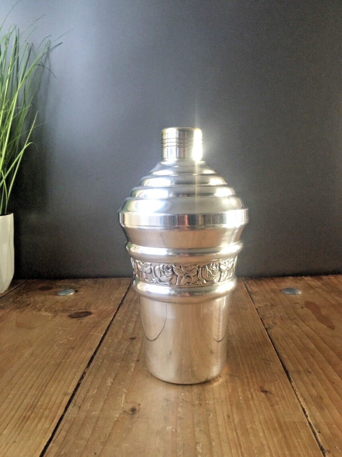 Antique Art Deco French Repousse Rose Stepped Silver Plated Cocktail Shaker Bar