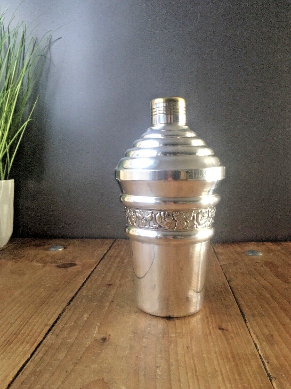Antique Art Deco French Repousse Rose Stepped Silver Plated Cocktail Shaker Bar photo for sale