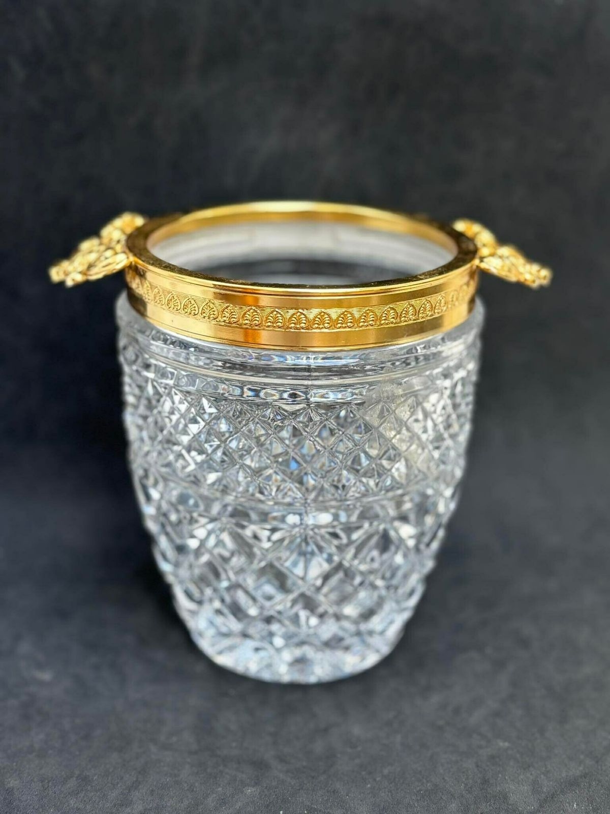Ijsemmer Zwaar Kristal Met Gouden Schelpvormige Handvatten Mid Century Barware Mixology Tools Bar Cart Decor Man Cave Cadeau Hollywood Regency photo 201.0