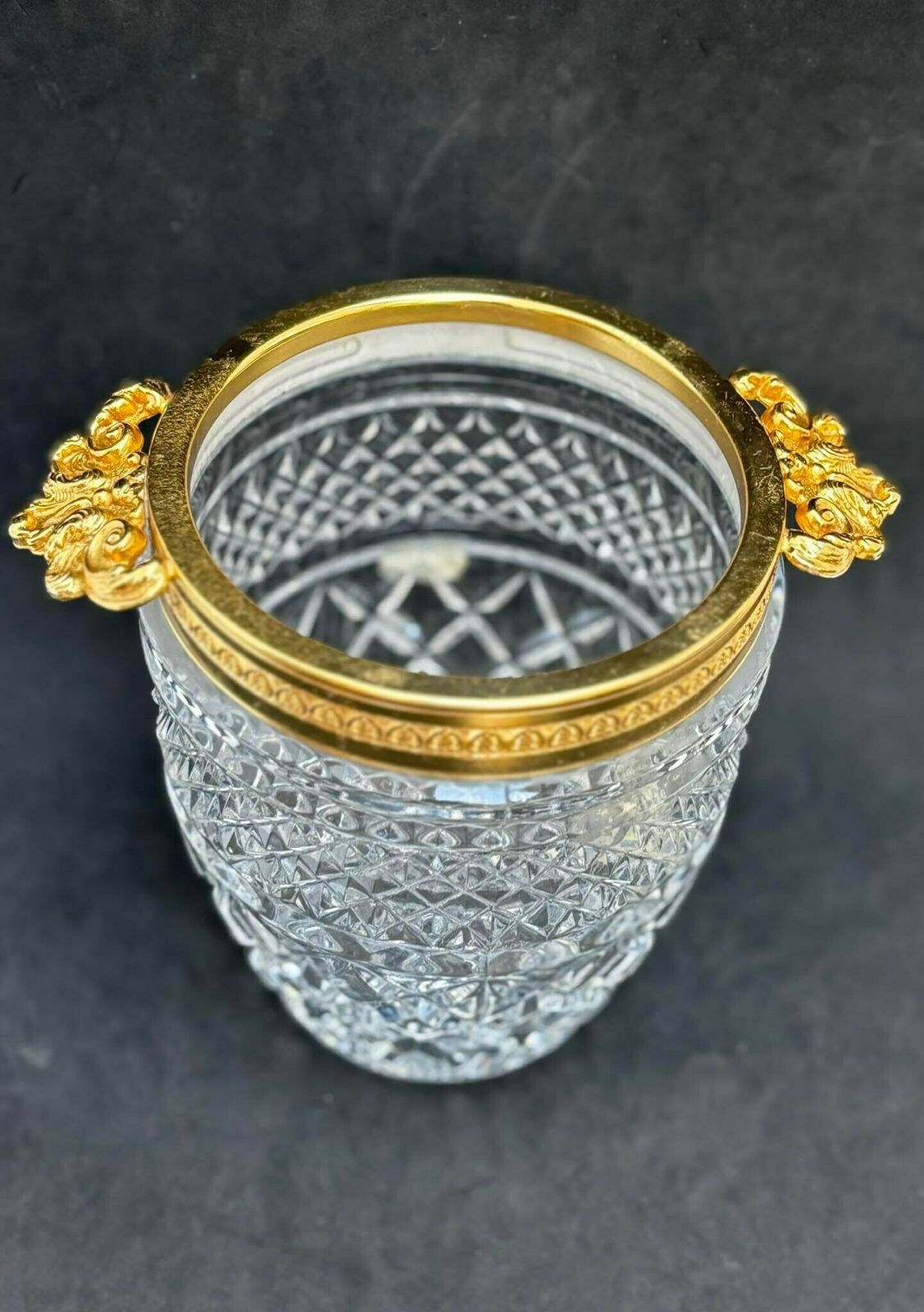 Ijsemmer Zwaar Kristal Met Gouden Schelpvormige Handvatten Mid Century Barware Mixology Tools Bar Cart Decor Man Cave Cadeau Hollywood Regency photo vinterior