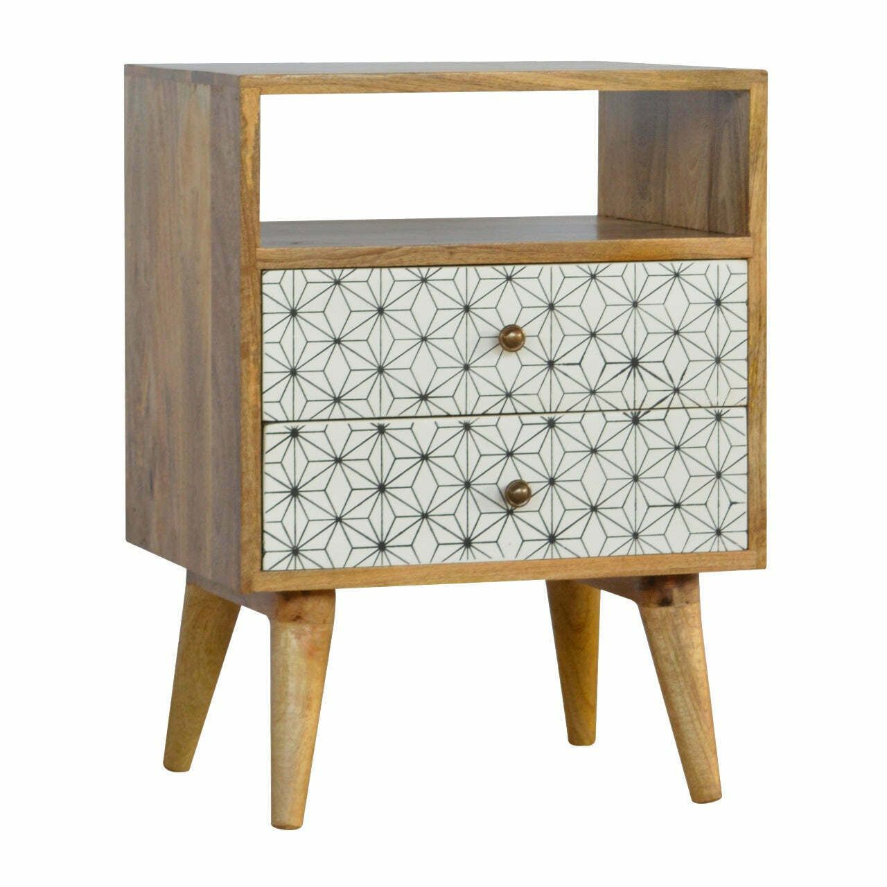 2 Drawer Geometric Screen Printed Bedside With Open Slot