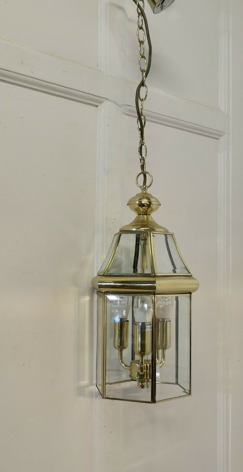 A Pair Of Art Deco Style Brass & Glass Hall Lanterns photo for sale