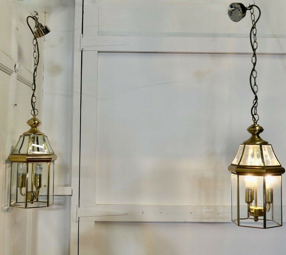A Pair Of Art Deco Style Brass & Glass Hall Lanterns photo 594.0