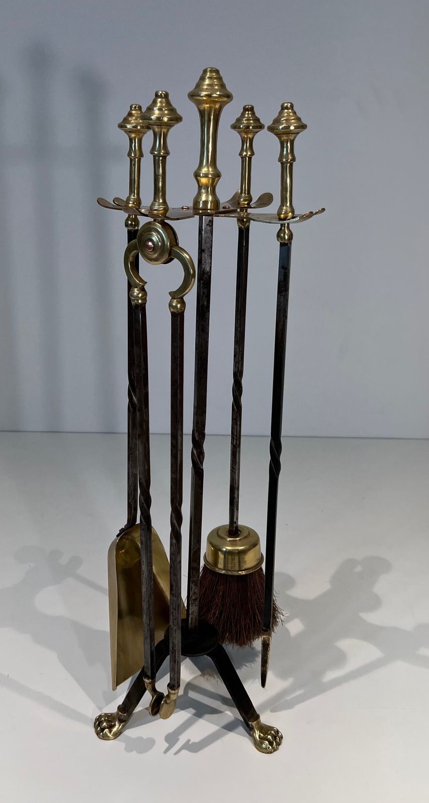 Brass And Brushed Steel Fire Kit With Claw Feet Attributed To Maison Jansen