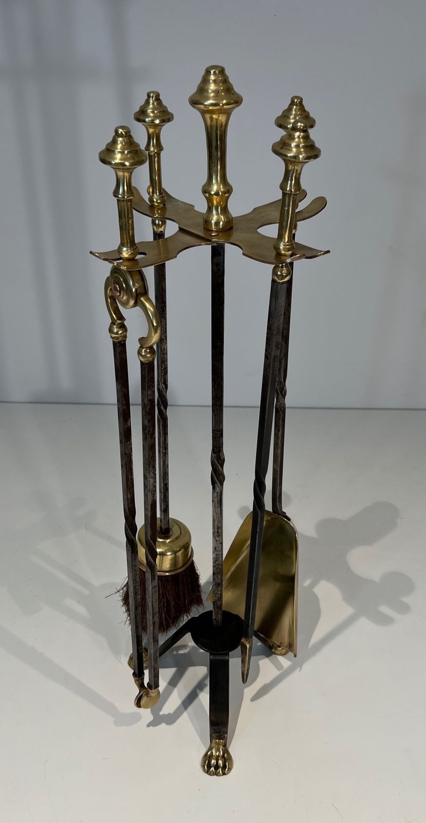 1450.0 Brass And Brushed Steel Fire Kit With Claw Feet Attributed To Maison Jansen photo