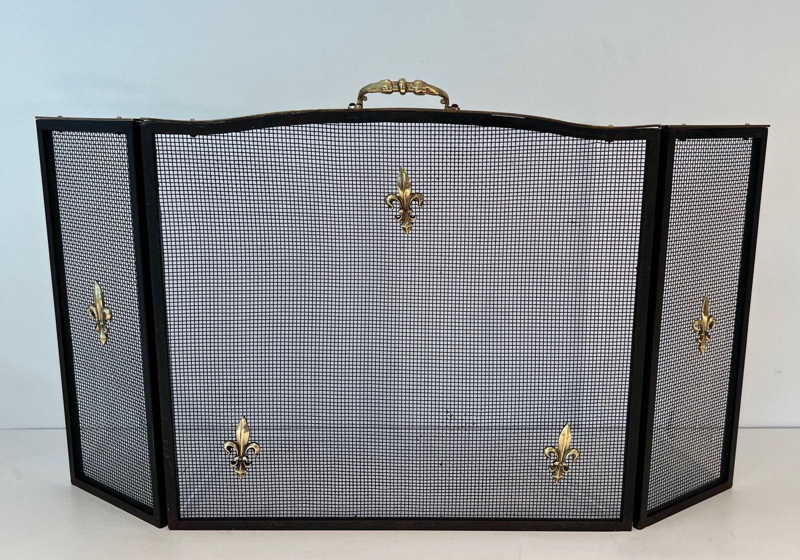 Neoclassical Style Firewall In Steel, Brass And Mesh With Fleurs De Lys Decor