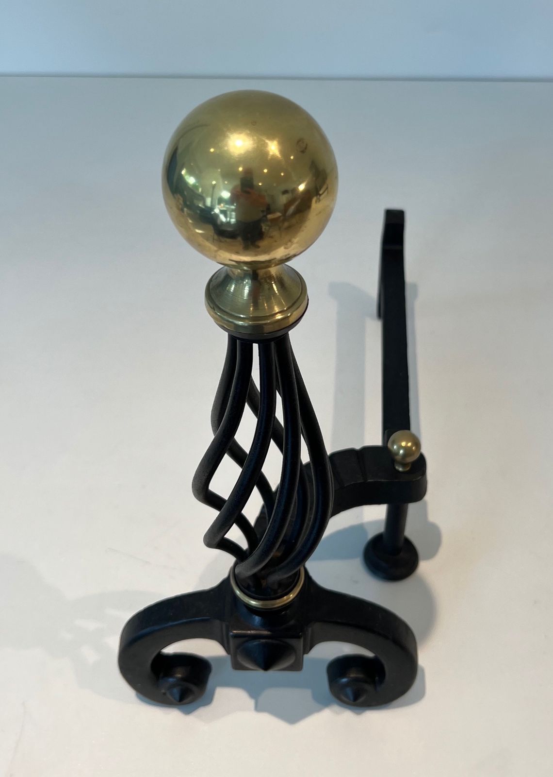 Pair Of Wrought Iron Andirons Topped With A Brass Ball photo buy