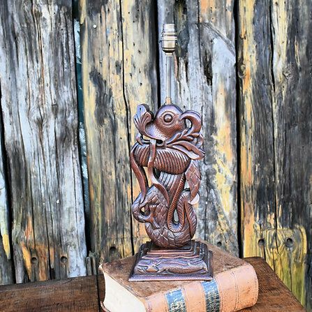 Antique Vintage Hand Carved Wooden Chinese New Year Dragon Table Lamp