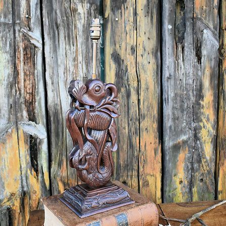 Antique Vintage Hand Carved Wooden Chinese New Year Dragon Table Lamp photo Lighting