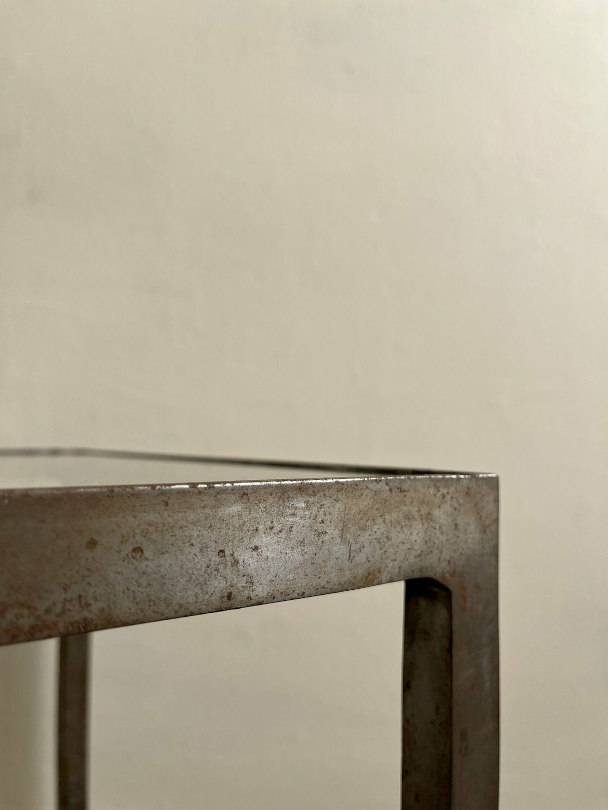 Patinated Metal End Table Of Industrial Design, Bespoke Piece With Glass Top photo 390.0