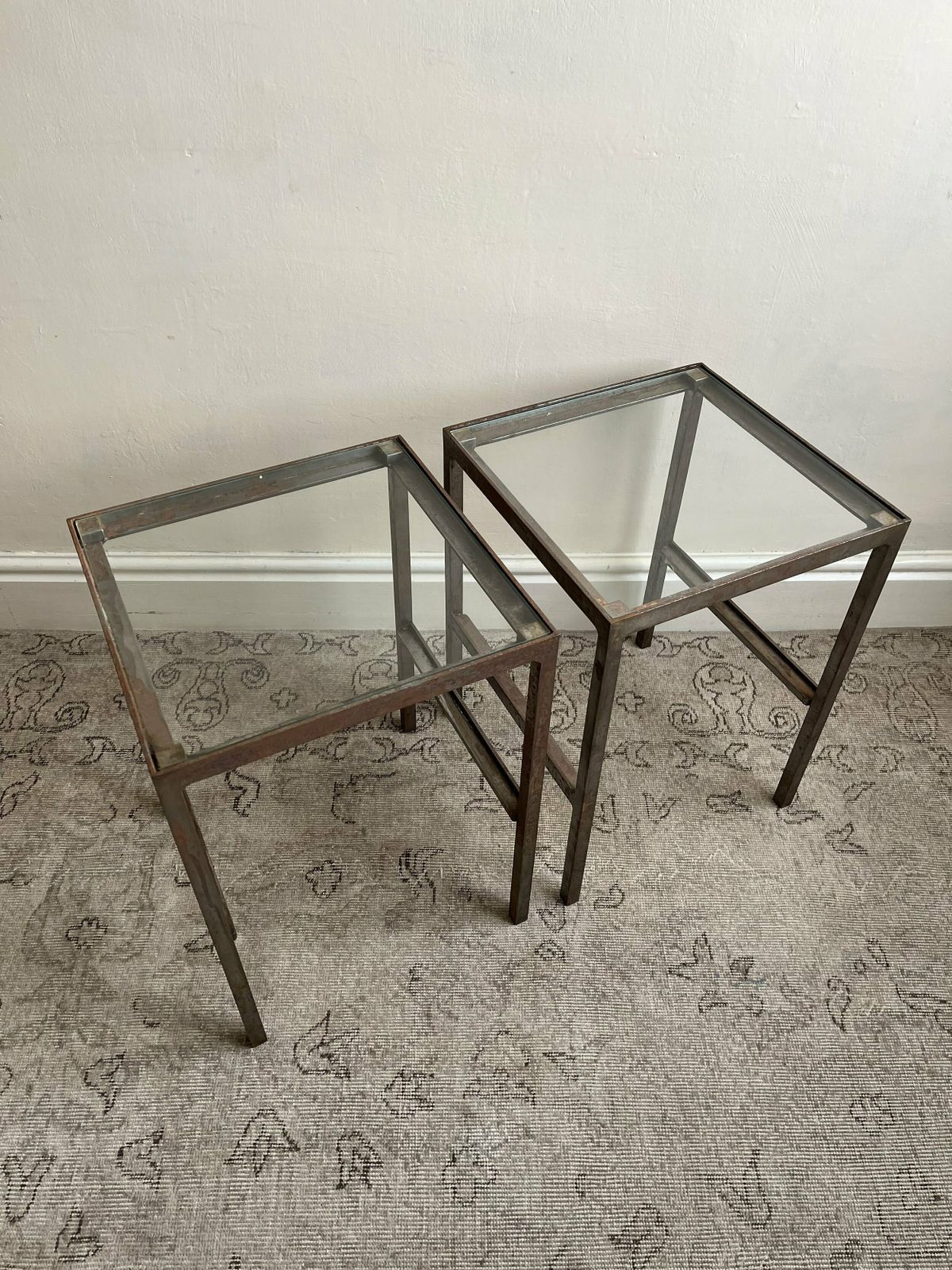 Patinated Metal End Table Of Industrial Design, Bespoke Piece With Glass Top photo buy