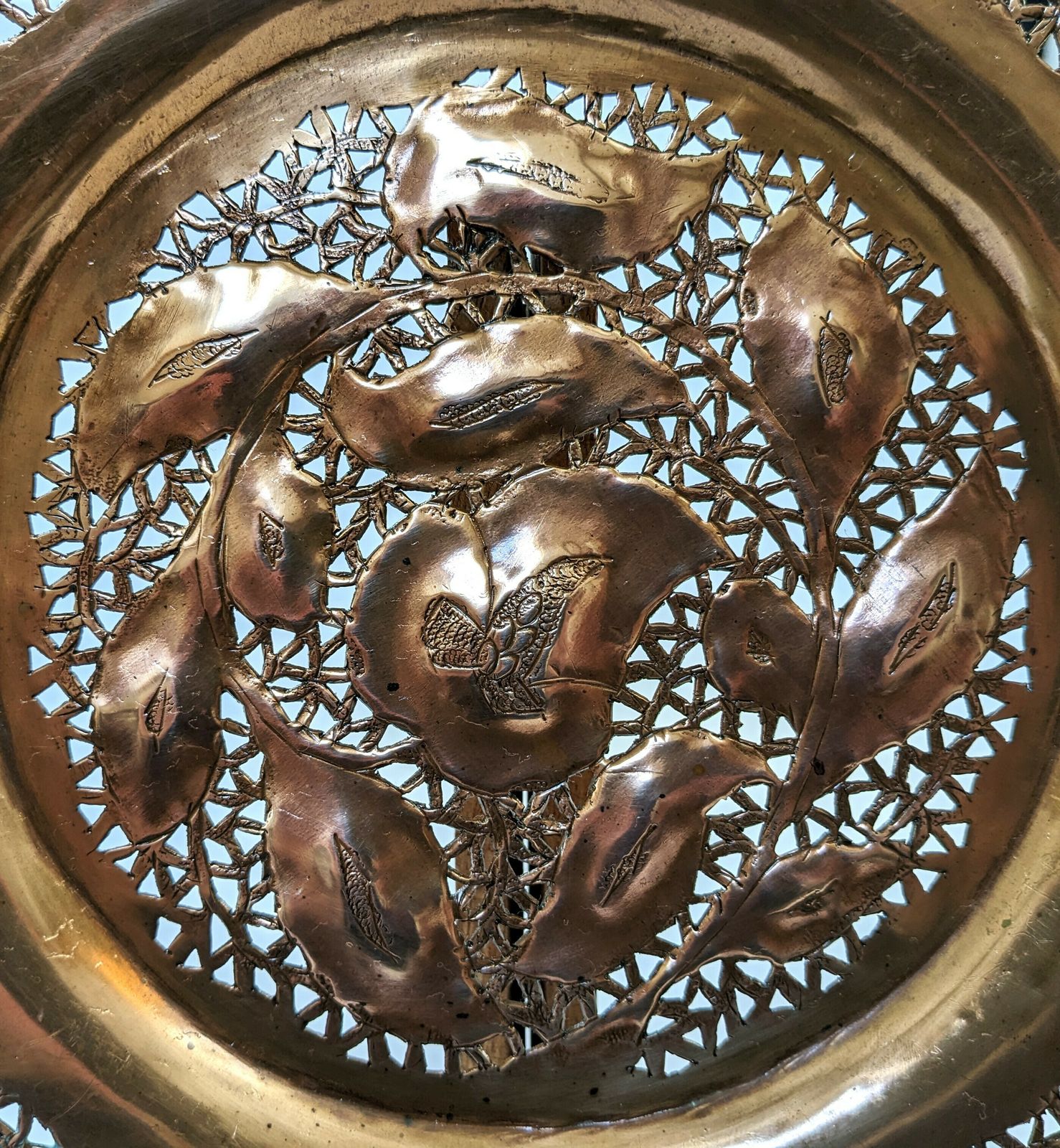 photo for sale Pair Of Vintage Islamic Kashmir Copper Chargers With Intricate Openwork
