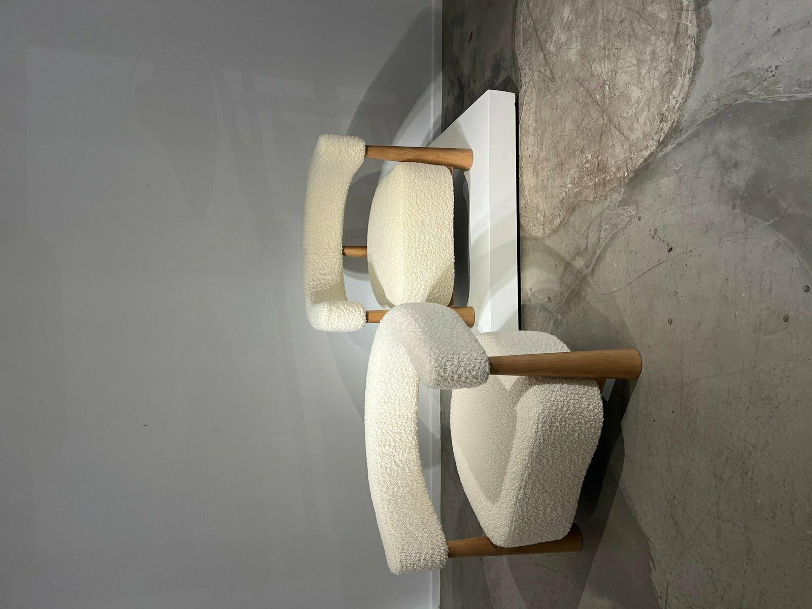 Bouclette And Light Wood Armchairs, Set Of 2 photo for sale