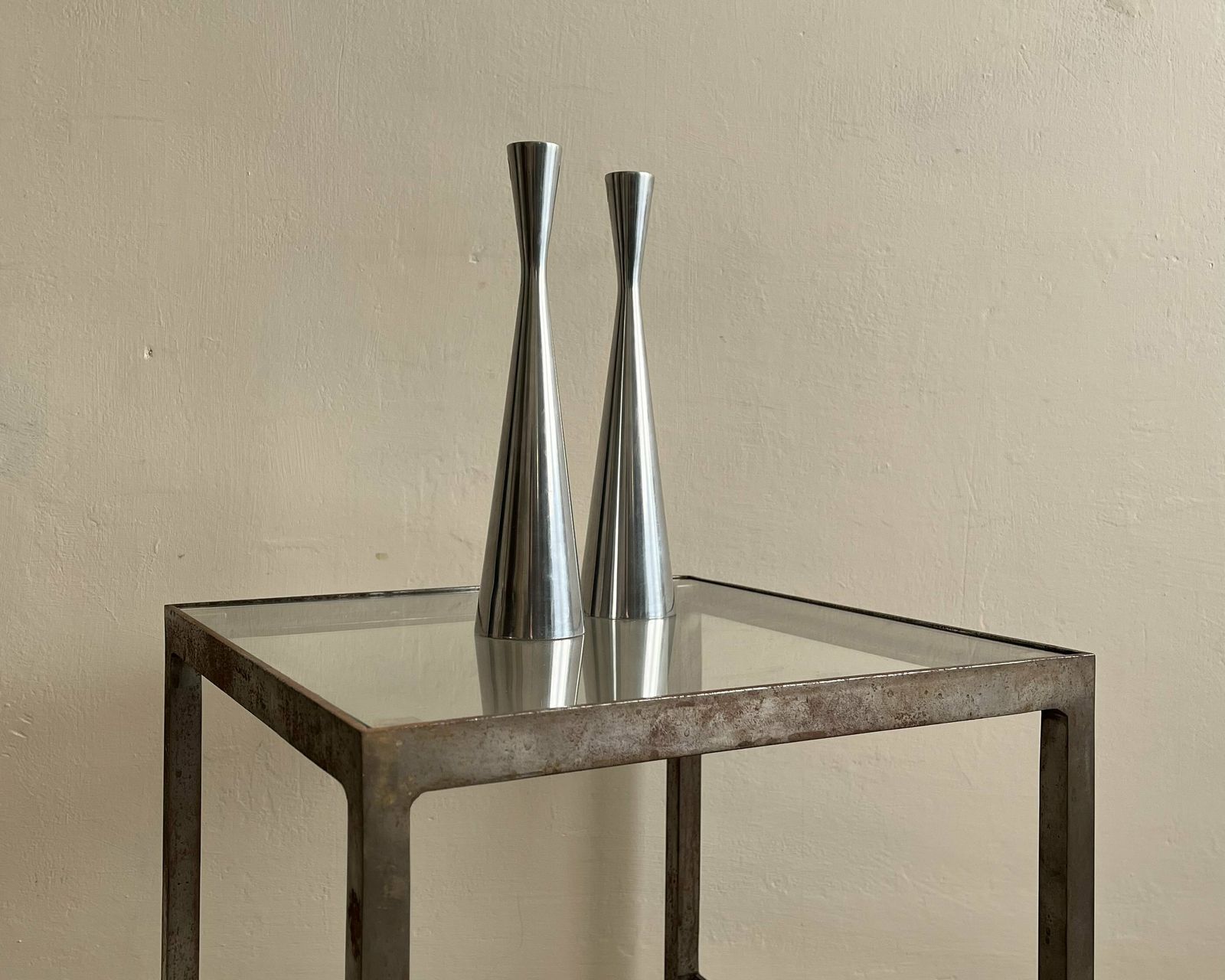 Vintage Steel And Glass Lamp Or End Tables In Patinated Metal Minimalist Industrial Design   Pair Available photo 390.0