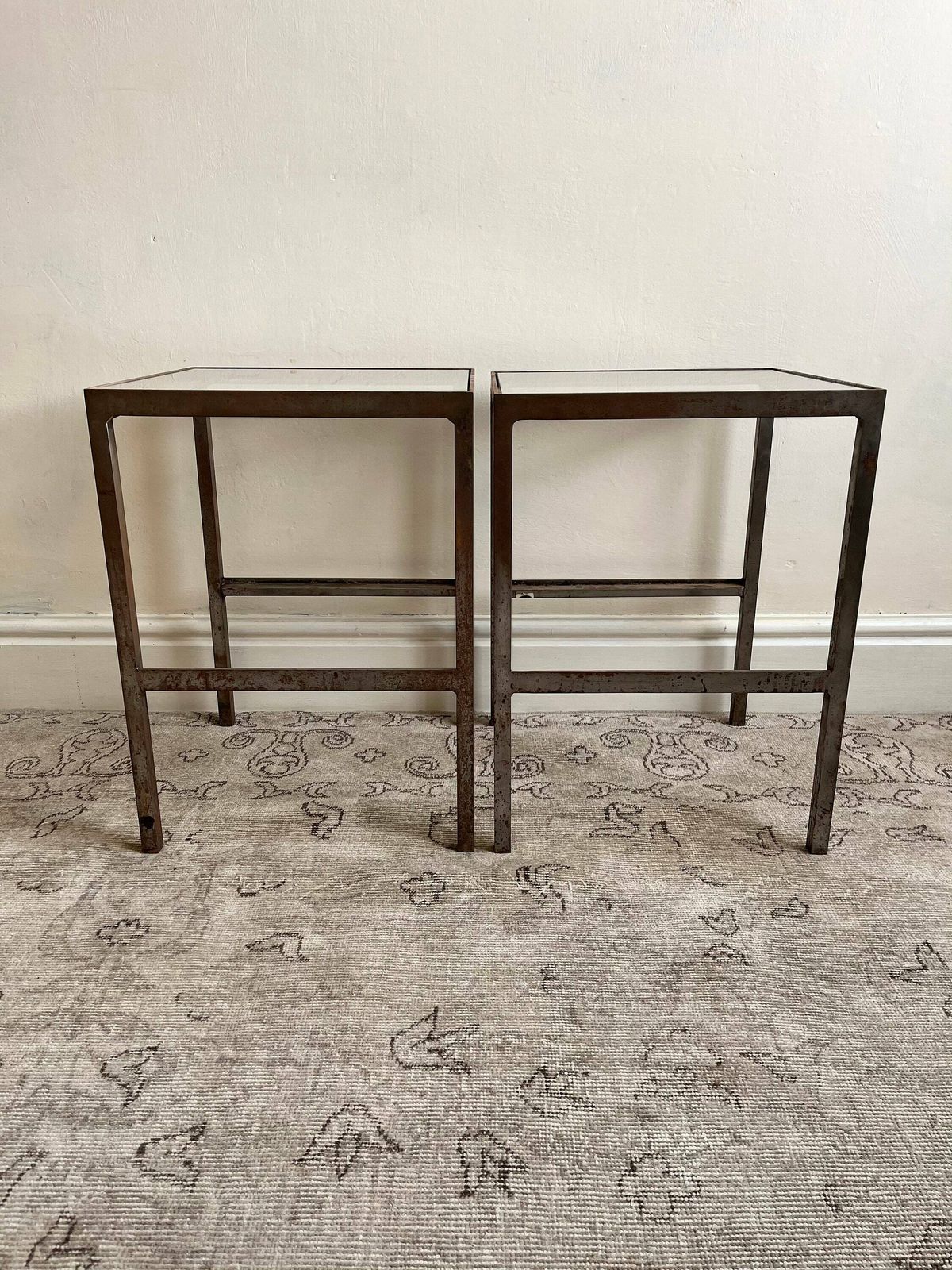 Vintage Steel And Glass Lamp Or End Tables In Patinated Metal Minimalist Industrial Design   Pair Available photo buy