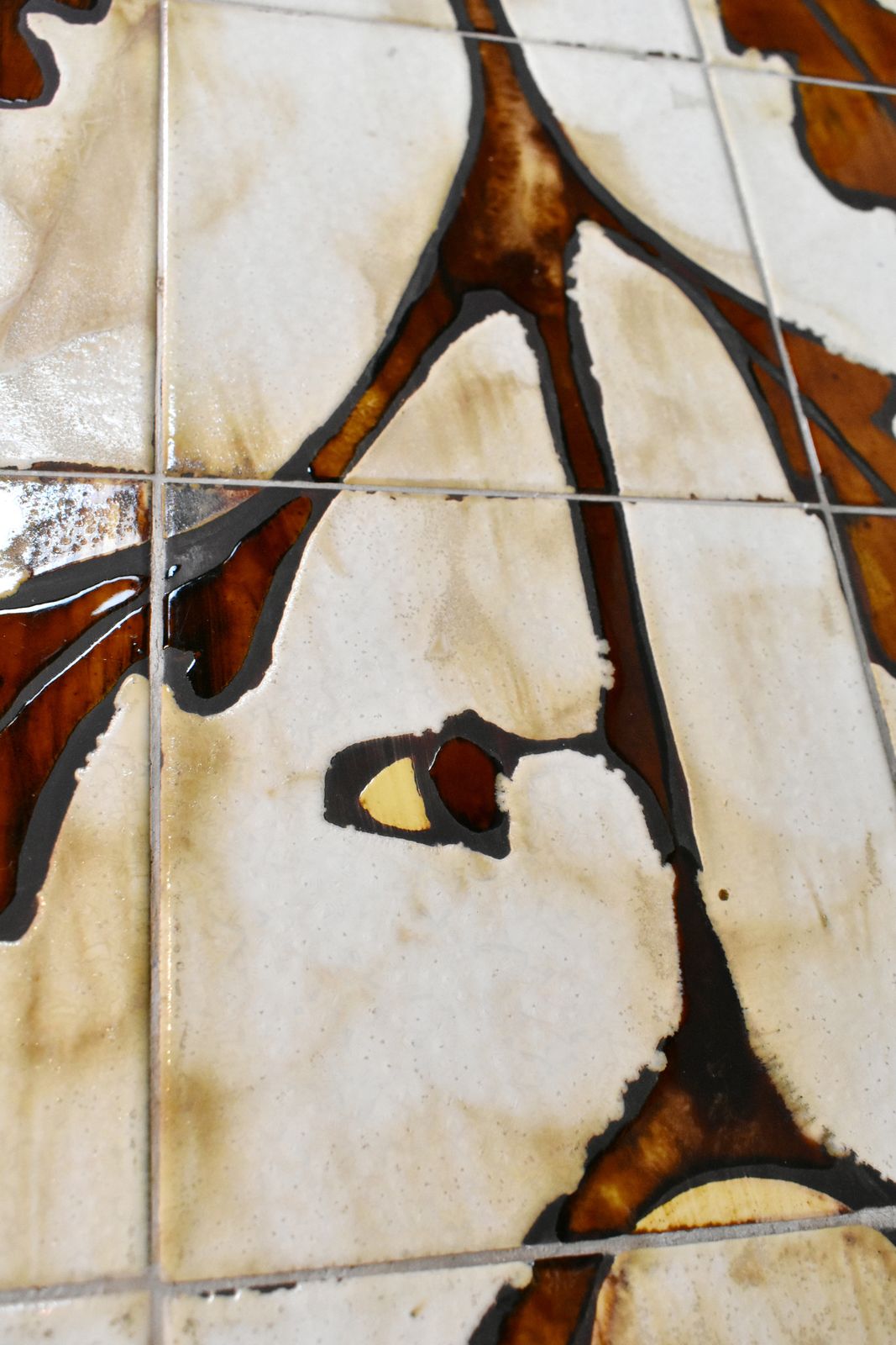 photo for sale 1970s French Designer Coffee Table With Tiled Signed Top