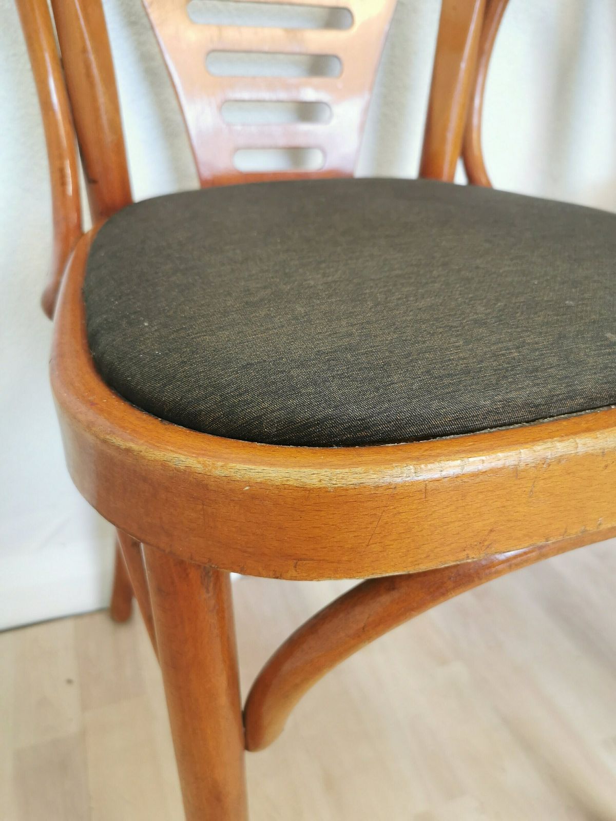 photo for sale Set Of 3 Vintage Bentwood Dining Chairs In Irish Pub Style With Fabric Seat / Mid Century Wooden Armchair With Armrest In Thonet Style 1970s