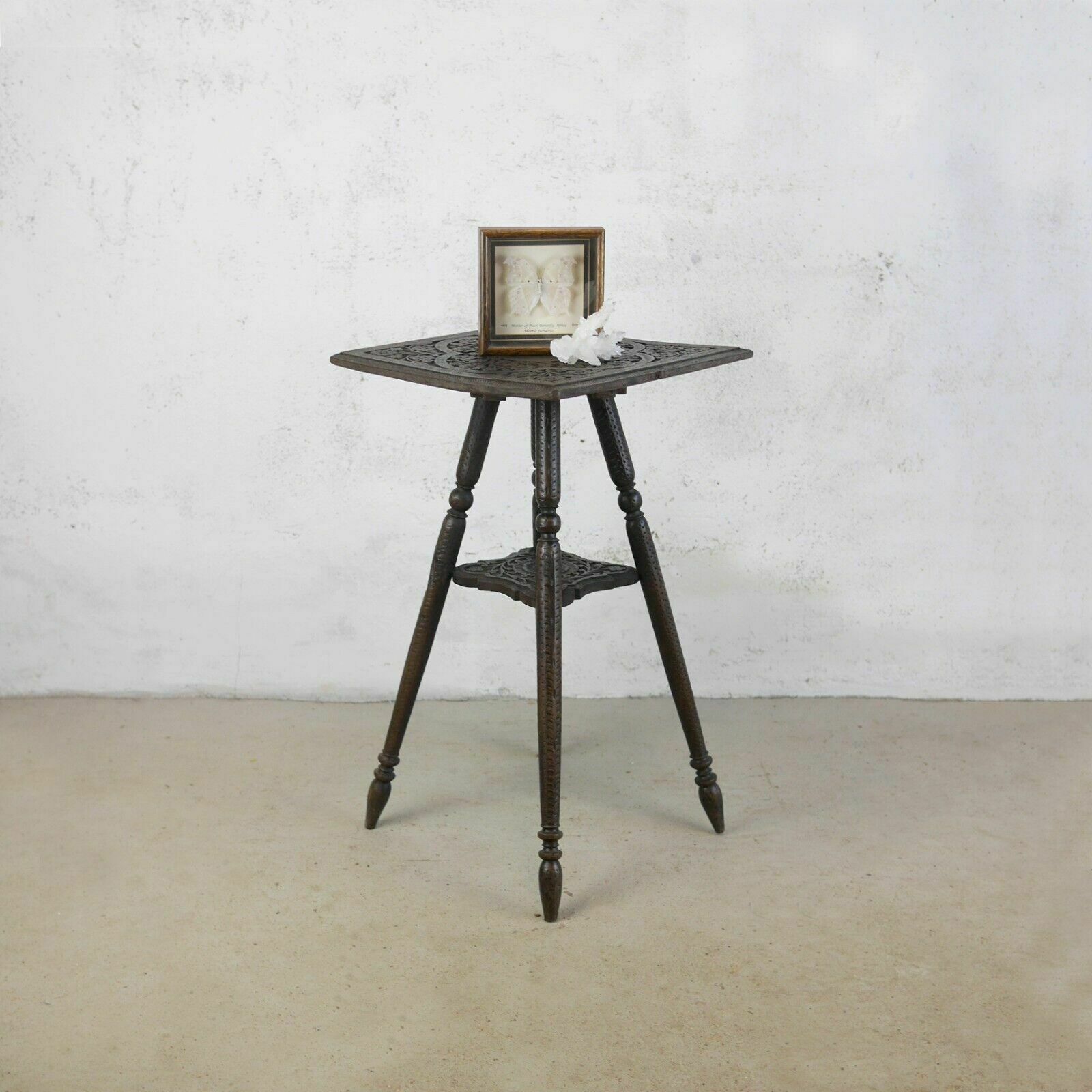 Antique Carved Anglo Indian Square Burmese Hard Wood Lamp Side Table Weathered photo furniture