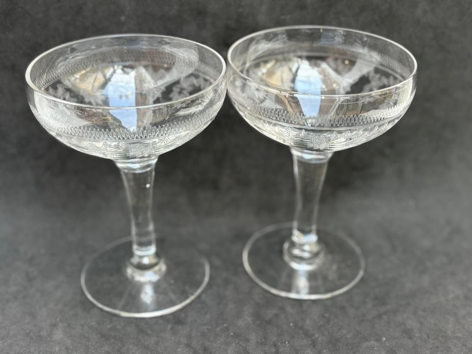 Champagne Coupes 2 Antique Crystal Cut Coupes 1920s French Set 2 Stem Bar Cart Decor Wedding Bartender Cocktail Glasses Gift Toast Wedding photo for sale