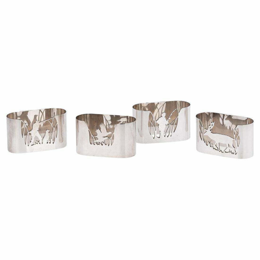 20th Century Solid Silver Hunting & Fishing Napkin Holders, Garrard, C.1985 photo vinterior