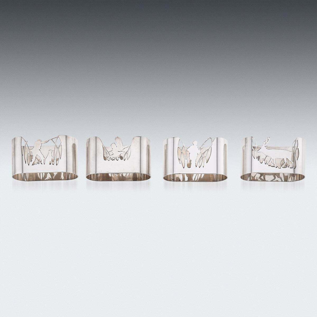 20th Century Solid Silver Hunting & Fishing Napkin Holders, Garrard, C.1985 photo buy