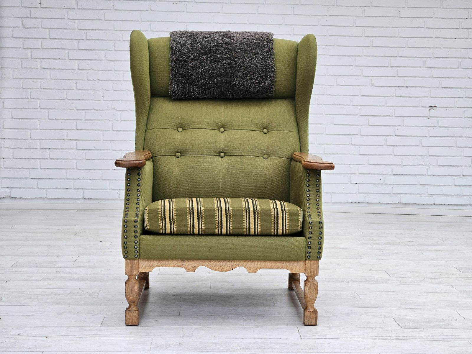 1970s, Danish Highback Armchair, Wool, Oak, Original Very Good Condition. photo for sale