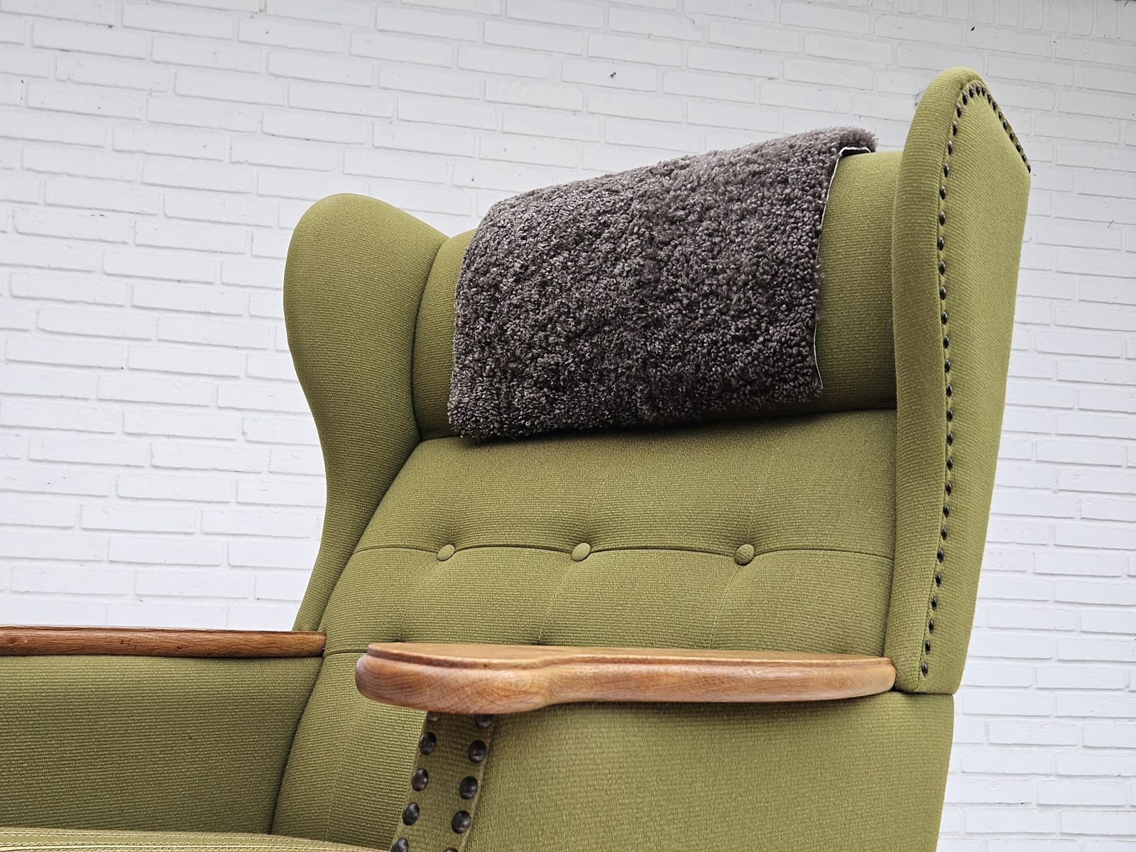 photo furniture 1970s, Danish Highback Armchair, Wool, Oak, Original Very Good Condition.