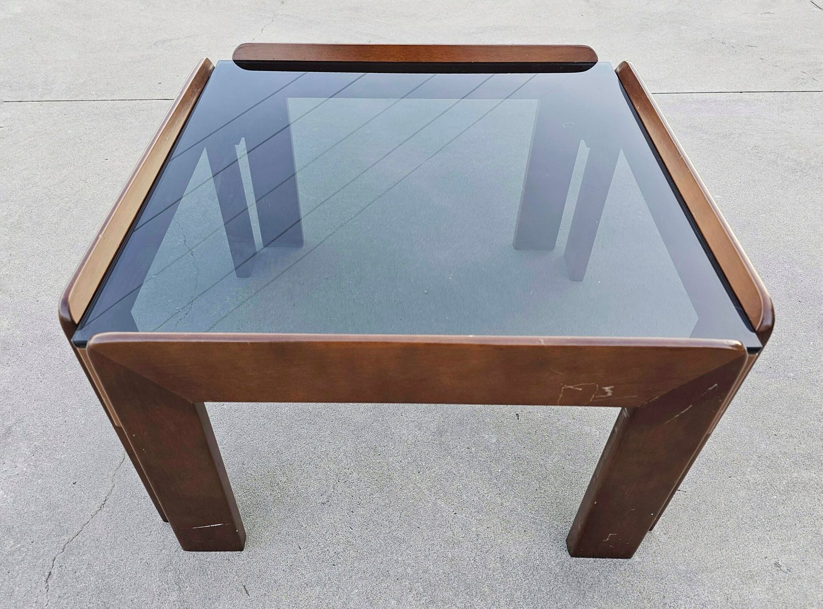 Mid Century Modern Coffee Table Done In Walnut And Smoke Glass Designed By Afra And Tobia Scarpa // Made In Italy In 1960s photo vinterior