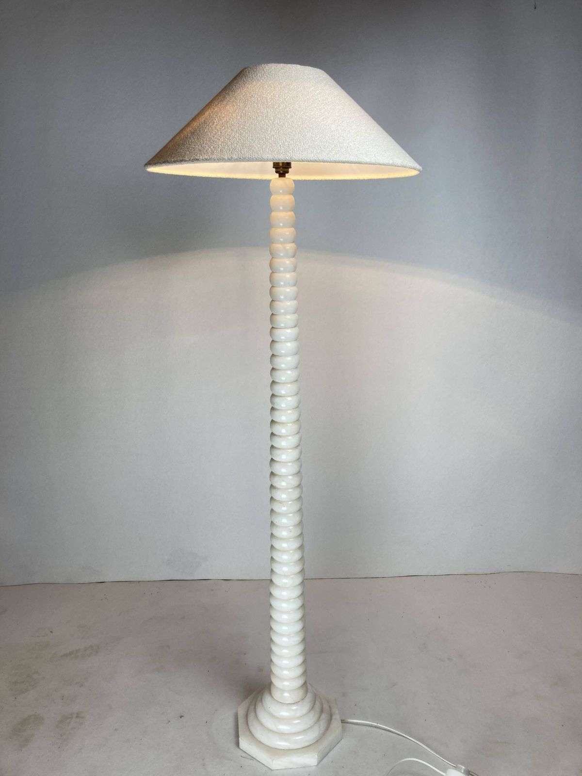 Midcentury French Alabaster Floor Lamp With Bouclé Shade, 1950s photo vinterior